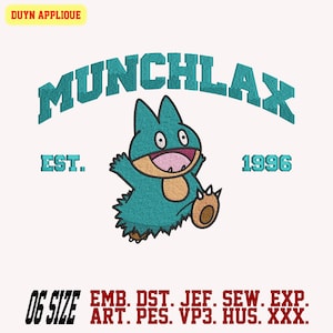 Diseño de bordado de Munchlax, diseño de bordado de personaje de Pokémon, diseño de bordado de dibujos animados, formato EMB disponible. 6 tamaños y 10 formatos.