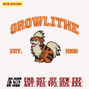 Diseño de bordado de Pokémon Growlithe Embroidery, diseño de bordado de personajes de dibujos animados, formato EMB disponible. 6 tamaños y 10 formatos.