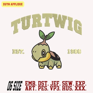 Turtwig Embroidery design, Pokemon 1996 embroidery design, cartoon character embroidery design, EMB format available. 6 sizes and 10 formats