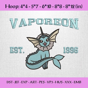Vaporeon Embroidery design, Pokemon Ets 1996 embroidery design, Pokemon embroidery design, Eevee evolution embroidery, EMB format available.