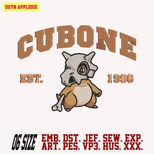 Cubone Embroidery design, Pokemon embroidery design, cartoon character embroidery design, EMB format available. 6 sizes and 10 formats.