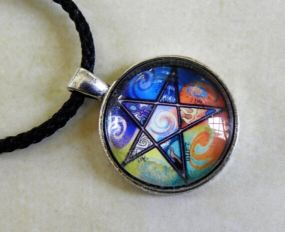 Glass Cabochon ELEMENTS STAR PENTACLE PENTAGRAM Pendant Necklace UK Seller