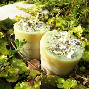 Faery Visions Ritual Candles - Two (2) Green Loaded Soy Votives Herbal Faeries and Devic Spirits