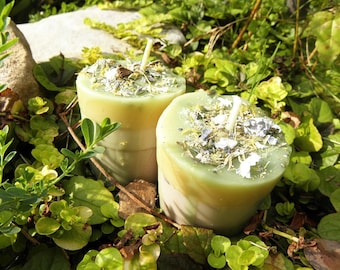 Faery Visions Ritual Candles - Two (2) Green Loaded Soy Votives Herbal Faeries and Devic Spirits