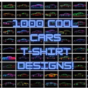 Pacote com 1000 designs de camisetas premium para carros | Gráficos de carros esportivos clássicos e modernos |