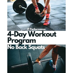 May include: A 4-Day Workout Program with No Back Squats, a fitness program designed by JT Performance. The image shows a person lifting a barbell.