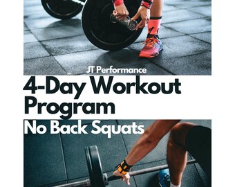 Può includere: Un programma di allenamento di 4 giorni senza squat con la schiena, un programma di fitness progettato da JT Performance. L'immagine mostra una persona che solleva un bilanciere.