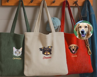 Custom Pet Portrait Tote Bag, Embroidered Dog Cat Corduroy Bag with Name, Gift for Dog Mom Cat Lover, Christmas Birthday Mother’s Day Tote
