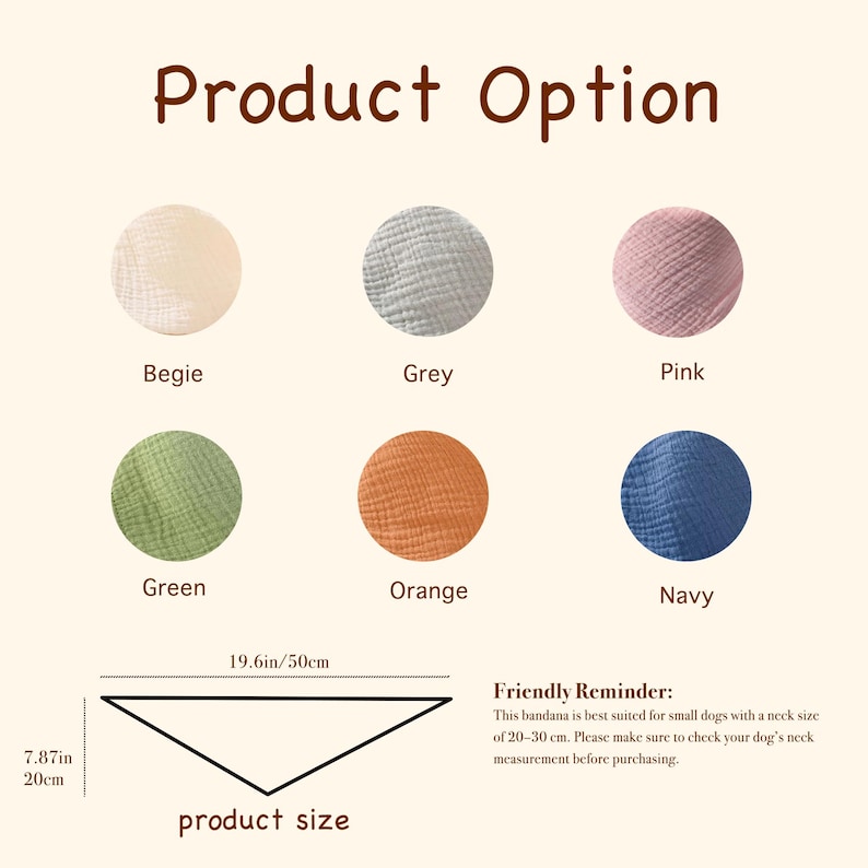 Pu&ograve; includere: Opzioni di prodotto per un bandana per cani in beige, grigio, rosa, verde, arancione e blu navy. Il bandana triangolare misura 50 cm per 20 cm. Il testo indica che il bandana &egrave; adatto a cani di piccola taglia con una circonferenza del collo di 20-30 cm.