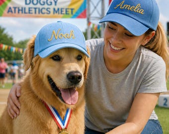 Bijpassende hoeden voor hond en eigenaar, gepersonaliseerde geborduurde pet set, outfit voor buiten wandelen, leuke zomerstijl, cadeau voor hondenmoeder, outfit hondenmoeder