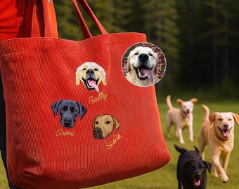 Custom Pet Portrait Tote Bag, Embroidered Dog Cat Corduroy Bag with Name, Gift for Dog Mom Cat Lover, Christmas Birthday Mother’s Day Tote