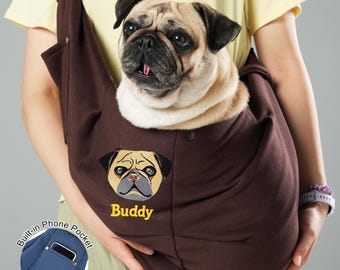 Personalized Dog Sling Carrier with Pet Embroidery – Front Bag for Small Dogs, Cats, Puppies & Kittens – Cotton Pet Sling with Phone Pocket