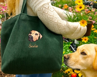 Custom Pet Portrait Tote Bag, Embroidered Dog Cat Corduroy Bag with Name, Gift for Dog Mom Cat Lover, Christmas Birthday Mother’s Day Tote