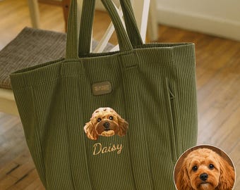 Custom Pet Portrait Tote Bag, Embroidered Dog Cat Corduroy Bag with Name, Gift for Dog Mom Cat Lover, Christmas Birthday Mother’s Day Tote