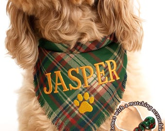 Bandana natalizia personalizzata per cani con elastico per il proprietario abbinato / Sciarpa regalo per animali domestici con nome ricamato personalizzato / Set per animali domestici e proprietari con motivo scozzese natalizio