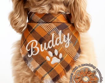 Bandana per cani personalizzata con nome / Sciarpa scozzese autunnale per animali domestici con ricamo / Set di elastici per capelli coordinati / Regalo personalizzato per animali domestici per cani e proprietari