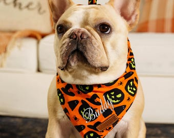 Bandana personalizzata per Halloween per cani - Sciarpa con nome dell'animale domestico ricamato personalizzato, accessorio per costume da cucciolo con stampa di zucca e ragnatela