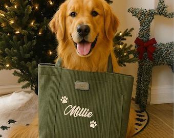 Custom Pet Portrait Tote Bag, Embroidered Dog Cat Corduroy Bag with Name, Gift for Dog Mom Cat Lover, Christmas Birthday Mother’s Day Tote
