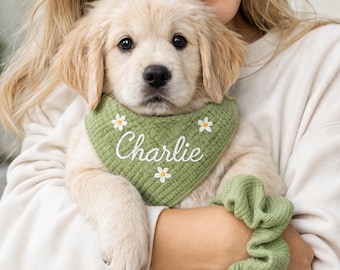 Set regalo personalizzato per cuccioli: bandana e elastico per capelli coordinati, regalo per la festa della mamma, abbigliamento primaverile per animali domestici, accessori pasquali per cuccioli.