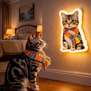 May include: A tabby cat wearing a colorful scarf looks up at a cat-shaped wall light. The light, outlined in a warm glow, features a similar tabby cat design with a scarf and the text "PetsLand". The cat is sitting on a wooden floor.