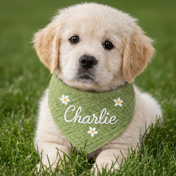 Personalized Dog Bandana, Custom Puppy Name Scarf, Spring Floral Pet Bandana, Cute Small Dog Bib, Easter Gift for Dog, Puppy Accessories