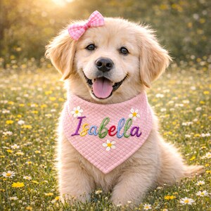 Bandana personalizzata per cani, sciarpa personalizzata con il nome del cucciolo, bandana floreale primaverile per animali domestici, bavaglino carino per cani di piccola taglia, regalo di Pasqua per cani, accessori per cuccioli immagine 2