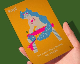 Mini handgedrukte kat A6-zeefdruk | Zeefdruk kunstafdruk | Beperkte oplage
