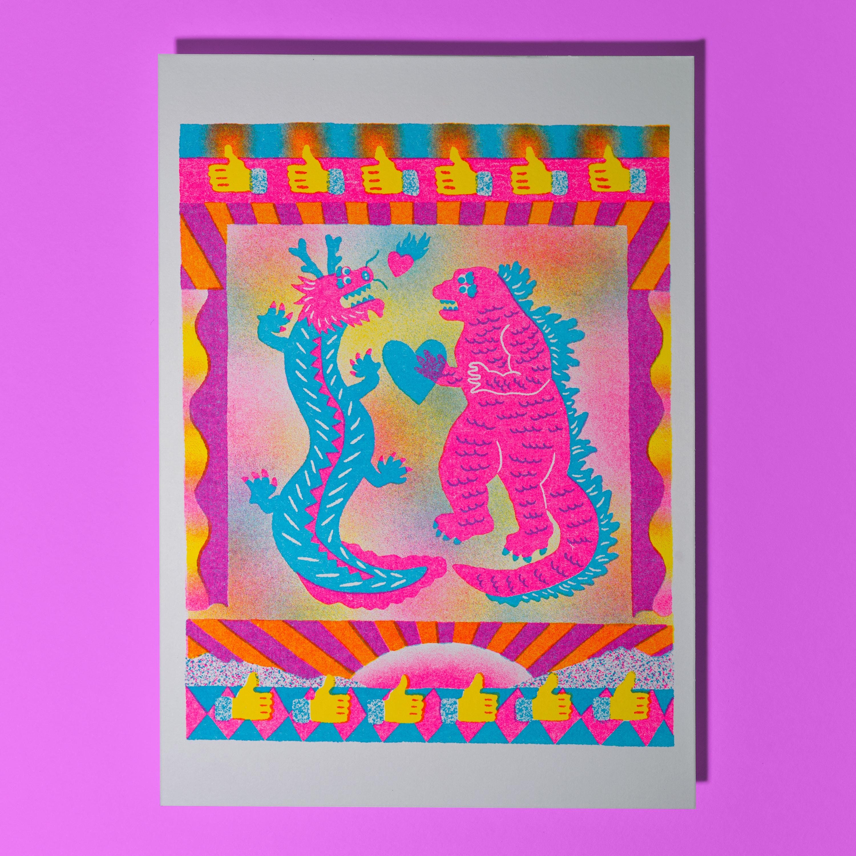 Godzilla Vs Dragon A5 Risograph Wall Art Print Love