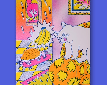 Banana Lovers Club cat turtle 10x8 Risograph Wall Art