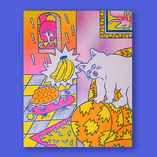 Banana Lovers Club cat turtle 10x8 Risograph Wall Art