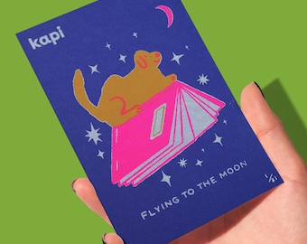 Mini handgedrukte hond zeefdruk A6 | Kunstafdruk | Beperkte oplage | Vliegen naar de maan