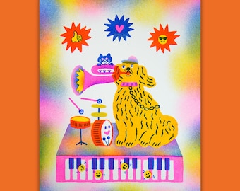 De antieke Staffordshire-hond 10 x 8 risograph kunst aan de muur | Jazzmuziek | Kat | Podium: