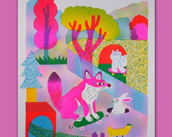 Skateboard vos kat konijn vogel 10 x 8 risograph muurkunst