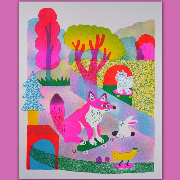 Skateboard Fox Cat Rabbit Bird 10x8 Risograph Wall Art