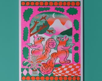 Squirrel Risograph A5 Wall Art Wall Decoration