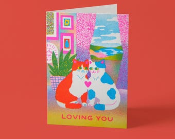 Wenskaart katten | Risografie | Riso-print | Ik hou van jou | Valentijnsdag | Briefpapier