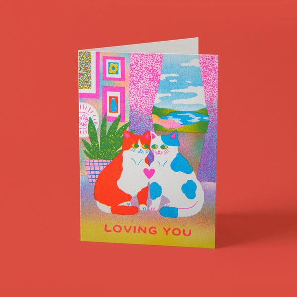 Cat Greeting Card | Risograph | Riso Print | Loving You | Valentine's Day | Stationery