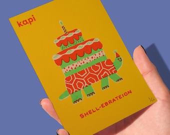 Mini handgedrukte schildpadverjaardagsviering A6-zeefdruk | Kunstafdruk | Beperkte oplage