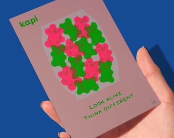 Mini handgedrukte gummibeer A6-zeefdruk | Kunstafdruk | Beperkte oplage