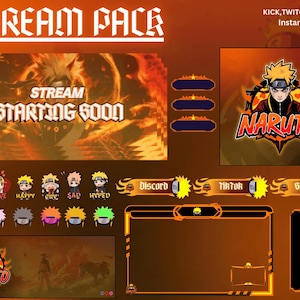 May include: A digital stream pack with a fiery orange and yellow color scheme. The pack includes various elements such as a "Stream Starting Soon" screen, animated panels, and a Naruto-themed logo. Text includes "Kick, Twitch, Discord" and social media icons.