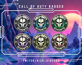 Op de afbeelding: Zes ronde Call of Duty Ghosts-badges met een schedelontwerp. Elke badge heeft een ander kleurenschema, waaronder blauw, groen en geel. De tekst "CALL OF DUTY" en "GHOSTS" staat op elke badge. De afbeelding bevat ook de tekst "CALL OF DUTY BADGES" en "TWITCH | KICK | DISCORD".