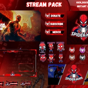 May include: A red and black Spider-Man themed stream pack with various graphics. Includes a banner that says "Stream Starting Soon", donation, subscribe, and merch buttons, and multiple Spider-Man logos and emotes. The text "Kick, Discord, Twitch Instant Download" is also visible.