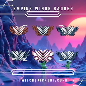 Może przedstawiać: Obraz przedstawia sześć "Empire Wings Badges" z wzorami skrzydeł w różnych kolorach, w tym brązowym, białym i czarnym. Tekst "EMPIRE WINGS BADGES" znajduje się na górze, a "TWITCH | KICK | DISCORD" na dole. Tło przedstawia fioletowo-niebieski krajobraz.