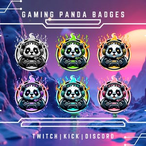 Könnte beinhalten: Sechs Gaming-Panda-Abzeichen. Jedes Abzeichen zeigt einen Panda mit Kopfhörern und einem Controller, umgeben von Flammen. Die Abzeichen sind in verschiedenen Farben gehalten: Weiß, Grün, Orange, Lila, Blau und Rosa. Der Text "GAMING PANDA BADGES" steht oben. Der Text unten lautet "TWITCH | KICK | DISCORD".