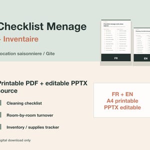 Peut inclure: Une liste de contrôle de ménage et un inventaire pour location saisonnière. Inclut des fichiers PDF imprimables et PPTX modifiables en français et anglais. Comprend un guide de rotation par pièce et un suivi des fournitures au format A4.