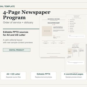 Peut inclure: Un modèle de programme de journal commémoratif de 4 pages avec des sources PPTX modifiables pour les formats A4 et US Letter. Le design comprend un ordre de service, une notice nécrologique et des aperçus de contenu avec une mise en page éditoriale.