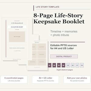 Peut inclure: Un modèle de livret souvenir de 8 pages pour raconter une vie, avec des fichiers sources PPTX modifiables pour A4 et US Letter. Le design inclut une chronologie, des sections mémoires et des cadres photo. Texte : Life Story Template, 8-Page Life-Story Keepsake Booklet.