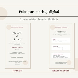 Peut inclure: Un ensemble de faire-part de mariage digital comprenant deux cartes mobiles sur fond beige. La carte de gauche affiche les prénoms Camille & Adrien avec les détails de l'événement, tandis que la carte de droite présente les informations RSVP.