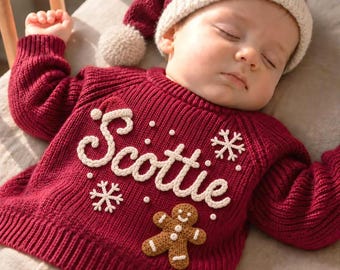 Personalized Baby Christmas Sweater, Hand-Embroidered Name, Holiday Keepsake (0-6M to 7T), First Christmas Gift