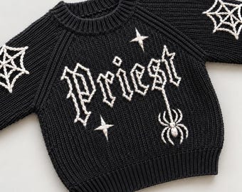 Jersey de bebé con diseño de bruja personalizado, jersey gótico celestial para niños pequeños, regalo con nombre bordado de estrella y telaraña